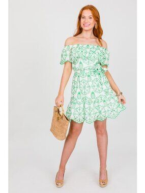 Flying Tomato‎ Mini Dress Sz L Embroidered Eyelet Off Shoulder White Green